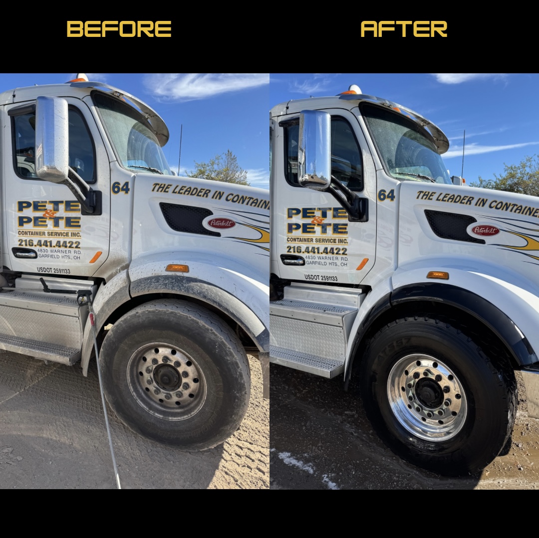 Pete and Pete container truck before and after fleet washing