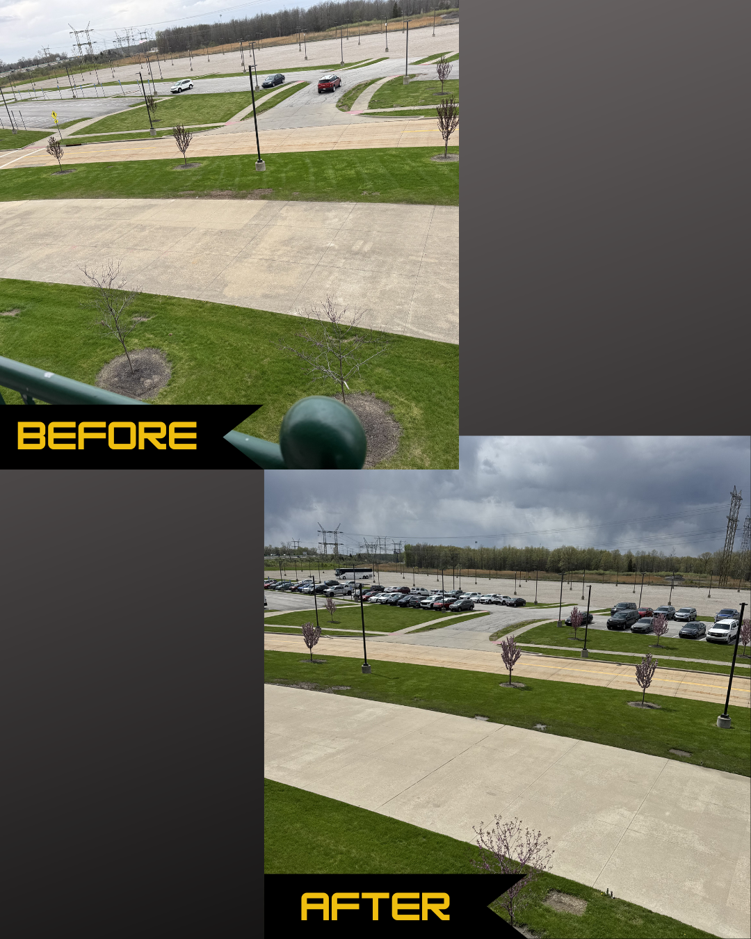 Commercial grounds before and after power washing